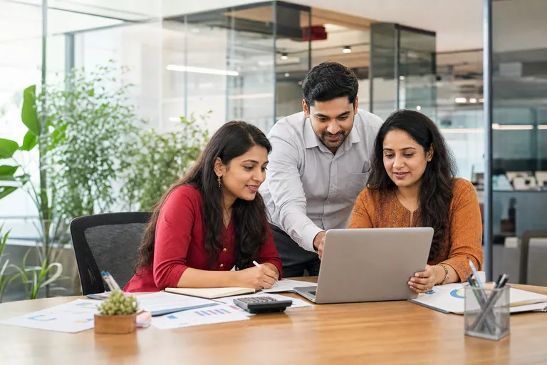 Indian HR and payroll team collaborating around a laptop in a modern office