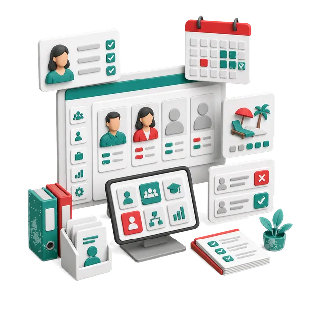 3D HRMS dashboard with employee records, approvals, and people operations tools