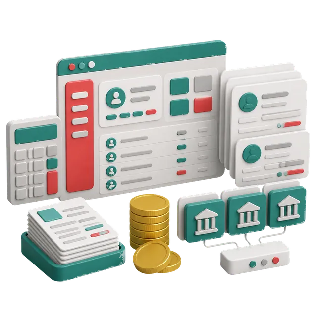 3D payroll dashboard with salary records, coins, and bank output modules