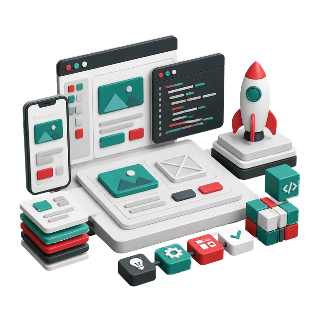 3D product development workspace with prototypes, code, and launch elements