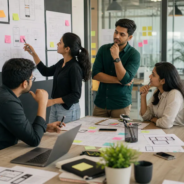 Indian product team reviewing a digital product prototype in a workshop