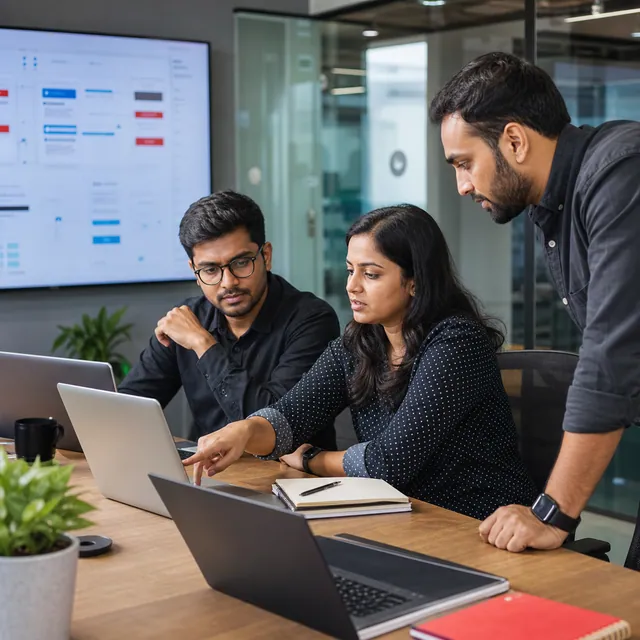 Indian software engineering team collaborating on custom product architecture in a modern office