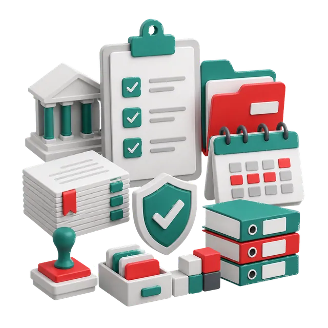 3D statutory compliance desk with checklists, calendar, and audit files