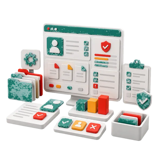 3D vendor audit compliance dashboard with folders, checklist, and approval controls